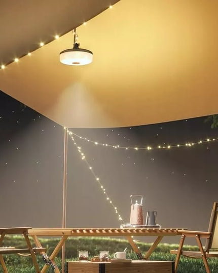 LED Kempingo ir stovyklavimo akumuliatorinė lempa, 10 m šilto apšvietimo girlianda ant ritės