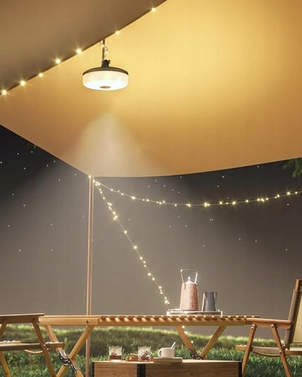 LED Kempingo ir stovyklavimo akumuliatorinė lempa, 10 m šilto apšvietimo girlianda ant ritės