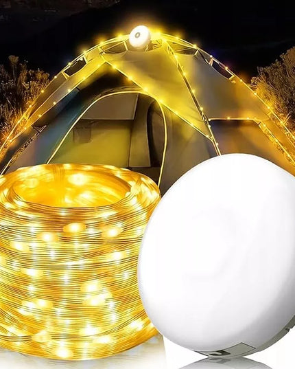 LED Kempingo ir stovyklavimo akumuliatorinė lempa, 10 m šilto apšvietimo girlianda ant ritės