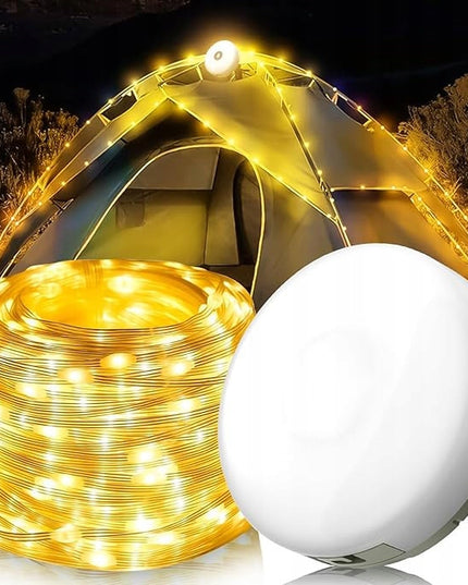 LED Kempingo ir stovyklavimo akumuliatorinė lempa, 10 m šilto apšvietimo girlianda ant ritės