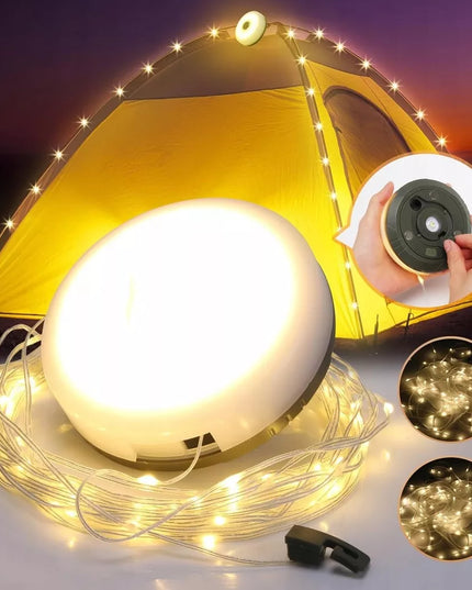 LED Kempingo ir stovyklavimo akumuliatorinė lempa, 10 m šilto apšvietimo girlianda ant ritės