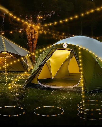 LED Kempingo ir stovyklavimo akumuliatorinė lempa, 10 m šilto apšvietimo girlianda ant ritės