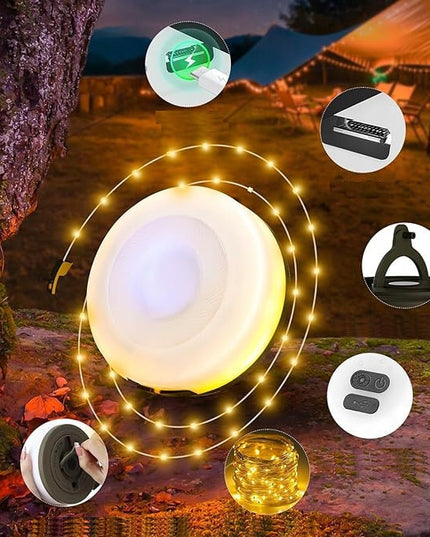 LED Kempingo ir stovyklavimo akumuliatorinė lempa, 10 m šilto apšvietimo girlianda ant ritės