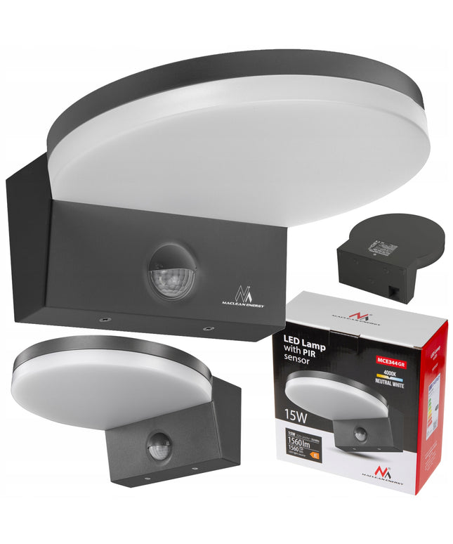 Lauko sieninė LED lempa su judesio ir prieblandos jutikliu, IP65, 15W, pilka