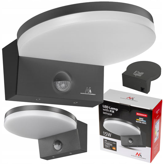 Lauko sieninė LED lempa su judesio ir prieblandos jutikliu, IP65, 15W, pilka