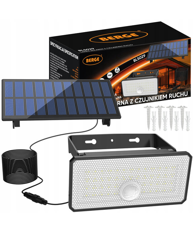 Saulės LED lempa su judesio ir sutemų jutikliais, lauko prožektorius, 5m