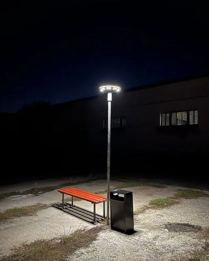 Videx saulės energija maitinamas LED gatvės, sodo ir parko šviestuvas su judesio jutikliu, apvalus, itin galingas