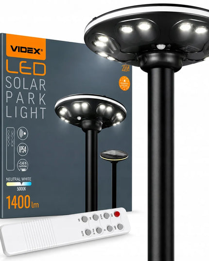 Videx saulės energija maitinamas LED gatvės, sodo ir parko šviestuvas su judesio jutikliu, apvalus, itin galingas