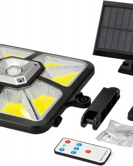 Lauko LED saulės šviestuvas su judesio jutikliu, galingas, IP44 + nuotolinio valdymo pultelis