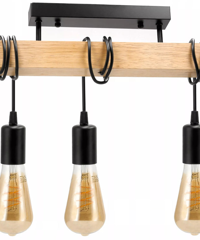 Lubinis Kabantis LED Šviestuvas Medinė Sija 3xE27 Juoda Liustra Lofto Stiliaus