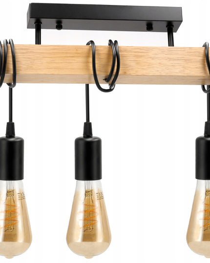 Lubinis Kabantis LED Šviestuvas Medinė Sija 3xE27 Juoda Liustra Lofto Stiliaus