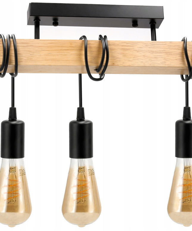 Lubinis Kabantis LED Šviestuvas Medinė Sija 3xE27 Juoda Liustra Lofto Stiliaus