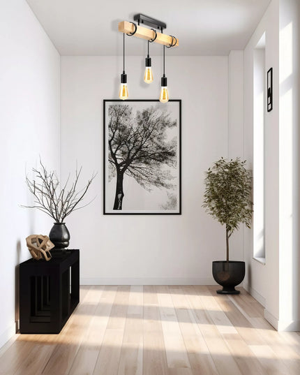 Lubinis Kabantis LED Šviestuvas Medinė Sija 3xE27 Juoda Liustra Lofto Stiliaus