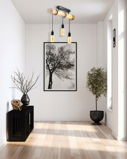 Lubinis Kabantis LED Šviestuvas Medinė Sija 3xE27 Juoda Liustra Lofto Stiliaus