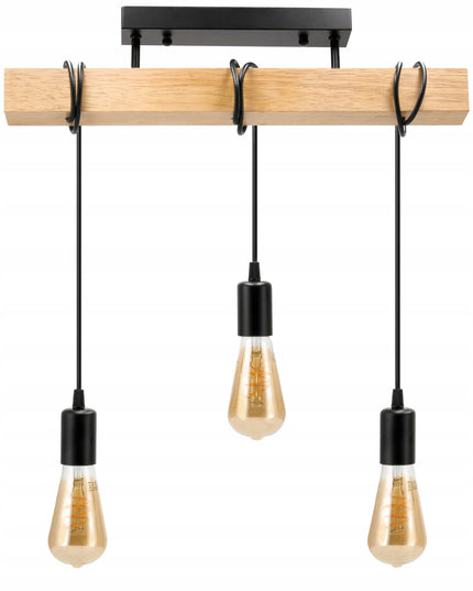 Lubinis Kabantis LED Šviestuvas Medinė Sija 3xE27 Juoda Liustra Lofto Stiliaus