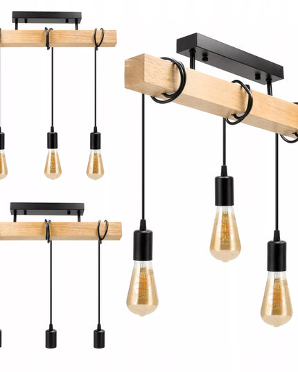 Lubinis Kabantis LED Šviestuvas Medinė Sija 3xE27 Juoda Liustra Lofto Stiliaus