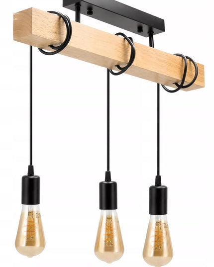 Lubinis Kabantis LED Šviestuvas Medinė Sija 3xE27 Juoda Liustra Lofto Stiliaus