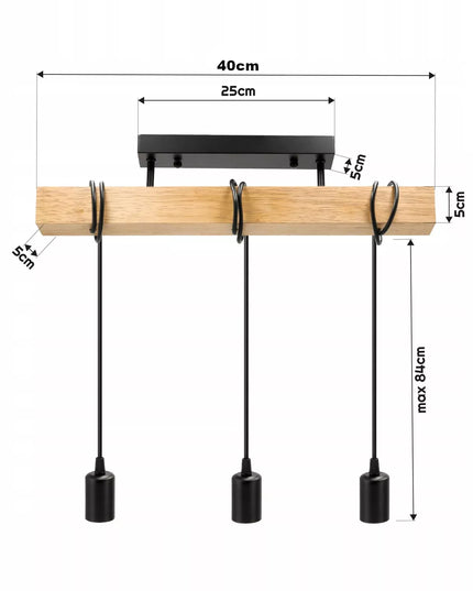Lubinis Kabantis LED Šviestuvas Medinė Sija 3xE27 Juoda Liustra Lofto Stiliaus
