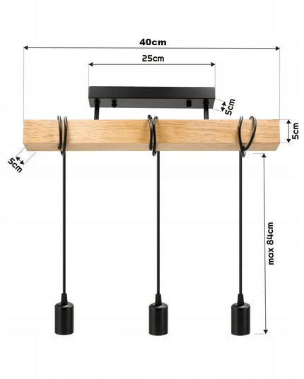 Lubinis Kabantis LED Šviestuvas Medinė Sija 3xE27 Juoda Liustra Lofto Stiliaus