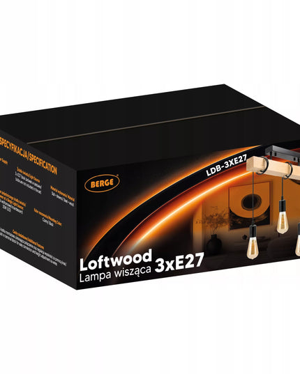 Lubinis Kabantis LED Šviestuvas Medinė Sija 3xE27 Juoda Liustra Lofto Stiliaus