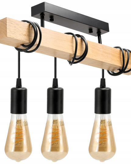 Lubinis Kabantis LED Šviestuvas Medinė Sija 3xE27 Juoda Liustra Lofto Stiliaus
