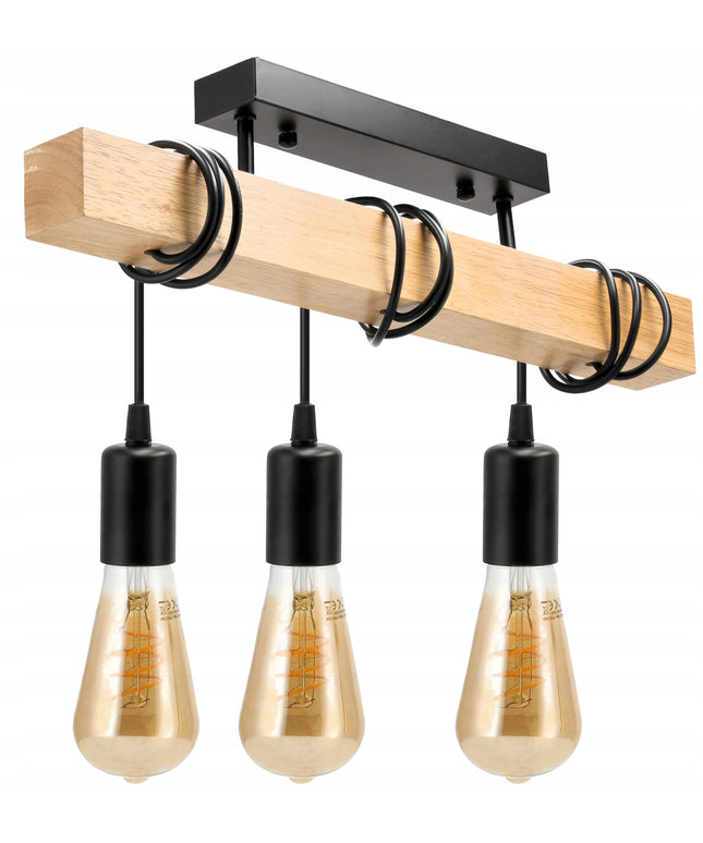 Lubinis Kabantis LED Šviestuvas Medinė Sija 3xE27 Juoda Liustra Lofto Stiliaus