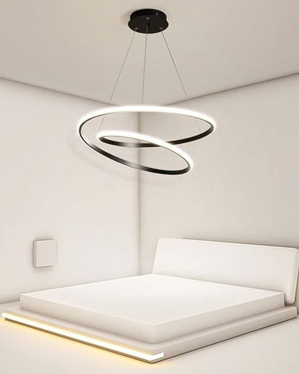 Juodas pakabinamas LED šviestuvas, modernus, 2 žiedai, 60 cm + pultelis 3 spalvos