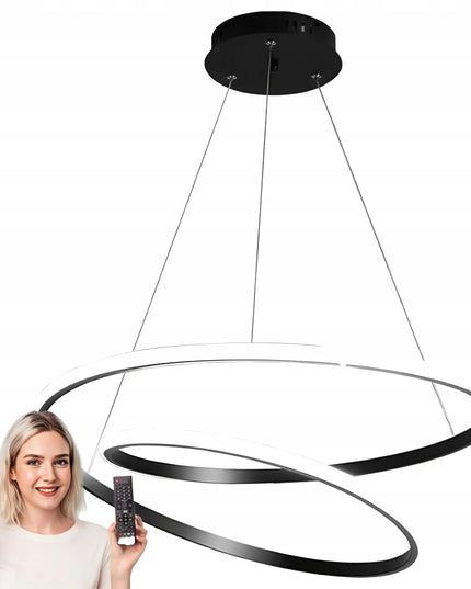 Juodas pakabinamas LED šviestuvas, modernus, 2 žiedai, 60 cm + pultelis 3 spalvos