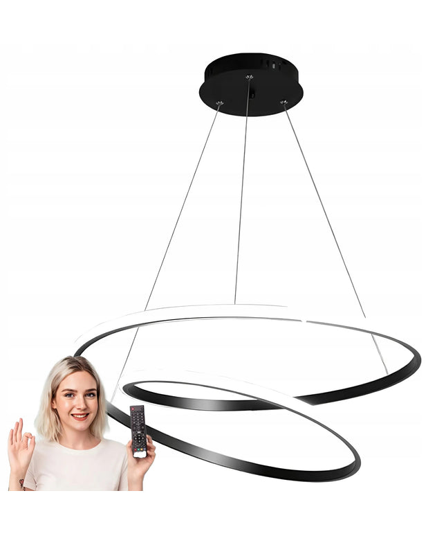 Juodas pakabinamas LED šviestuvas, modernus, 2 žiedai, 60 cm + pultelis 3 spalvos