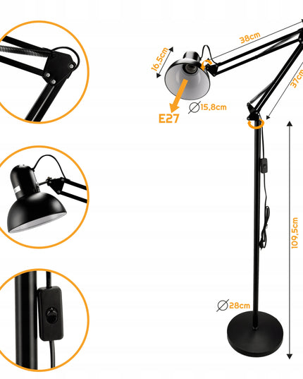 Grindinis stovintis LED šviestuvas, 1xE27, 185 cm, reguliuojamas, tvirtai pagamintas