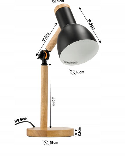 Medinė E27 pastatoma stalinė skaitymo lempa su dviguba reguliavimo funkcija