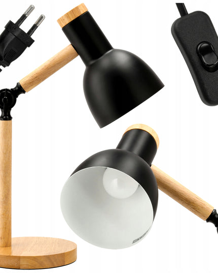 Medinė E27 pastatoma stalinė skaitymo lempa su dviguba reguliavimo funkcija