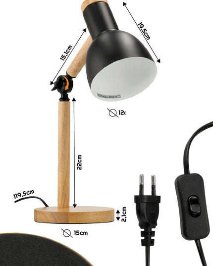 Medinė E27 pastatoma stalinė skaitymo lempa su dviguba reguliavimo funkcija