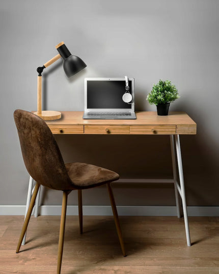 Medinė E27 pastatoma stalinė skaitymo lempa su dviguba reguliavimo funkcija