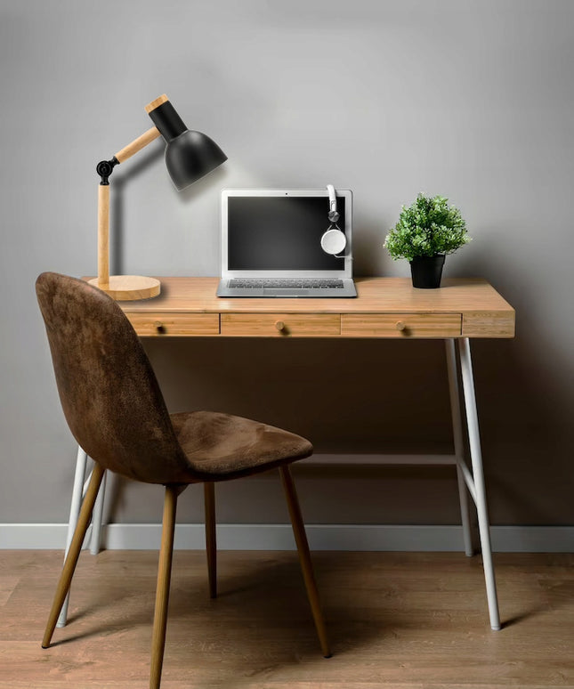 Medinė E27 pastatoma stalinė skaitymo lempa su dviguba reguliavimo funkcija