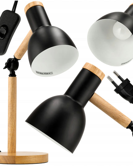 Medinė E27 pastatoma stalinė skaitymo lempa su dviguba reguliavimo funkcija