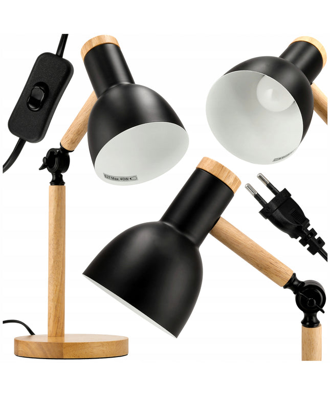 Medinė E27 pastatoma stalinė skaitymo lempa su dviguba reguliavimo funkcija