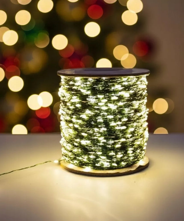 Kalėdinės eglutės girlianda 1000 LED net 100m su nuotolinio valdymo pulteliu, ant ritės, šilta balta