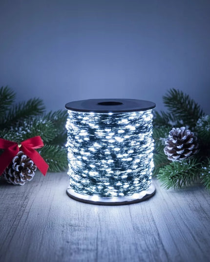 Kalėdinės eglutės girlianda 1000 LED, 100 m, su nuotolinio valdymo pulteliu, balta šalta šviesa