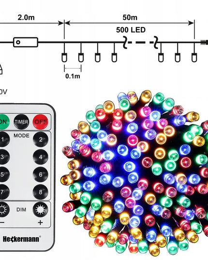 Heckermann RGB kalėdinė girlianda, 500 LED lempučių, 52 m, su nuotolinio valdymo pulteliu, IP44