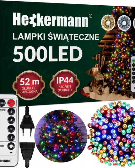 Heckermann RGB kalėdinė girlianda, 500 LED lempučių, 52 m, su nuotolinio valdymo pulteliu, IP44