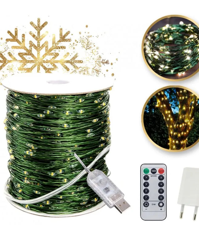 Mikro LED Kalėdų girlianda, 1000 geltonų lempučių, 100 m, žalias laidas, su pulteliu, RS-1021WW