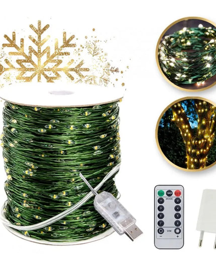 Mikro LED kalėdinė girlianda, 1000 šiltai baltų lempučių, 100 m, žalias laidas, pultelis, RS-1021WW