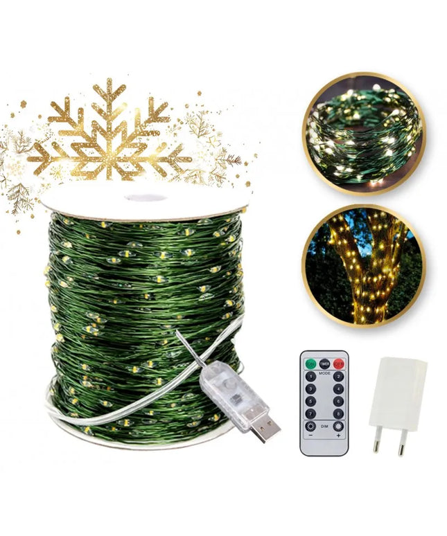 Mikro LED kalėdinė girlianda, 1000 šiltai baltų lempučių, 100 m, žalias laidas, pultelis, RS-1021WW