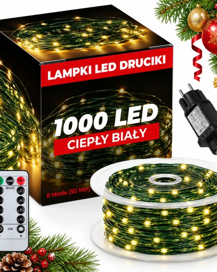 Mikro LED Kalėdų girlianda, 1000 geltonų lempučių, 100 m, žalias laidas, su pulteliu, RS-1021WW