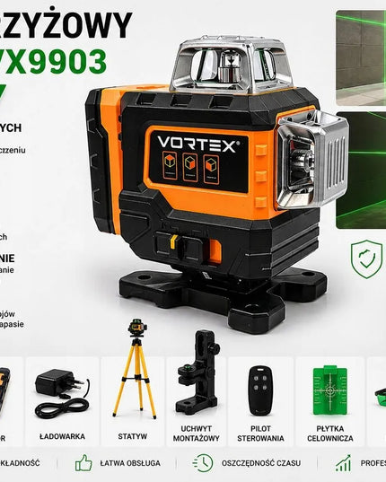 Kryžminis lazeris VORTEX VX9902 16 linijų 360° ŽALIAS + trikojis 2xAkumuliatorius