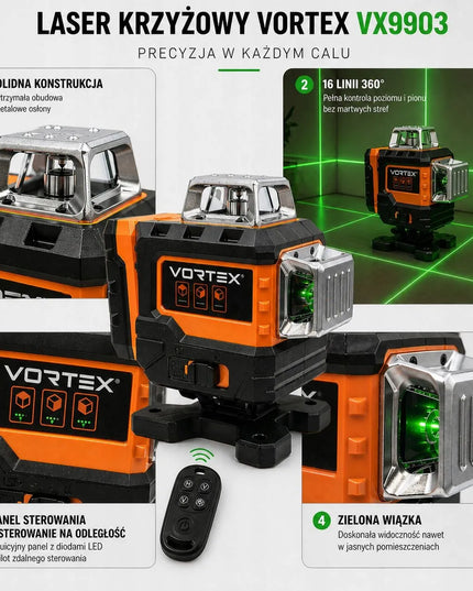 Kryžminis lazeris VORTEX VX9902 16 linijų 360° ŽALIAS + trikojis 2xAkumuliatorius