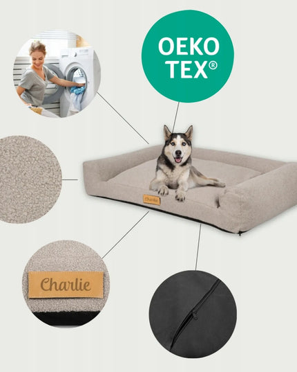 DOGESTE Teddy XL pilkas šuns guolis-sofa, 100 × 65 cm, su nemokamu personalizuotu užrašu