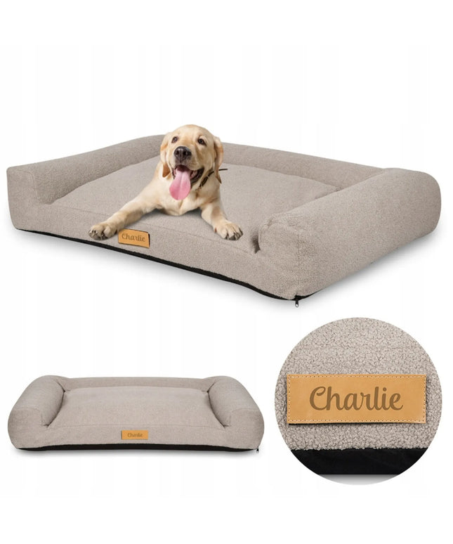 DOGESTE Teddy XL pilkas šuns guolis-sofa, 100 × 65 cm, su nemokamu personalizuotu užrašu