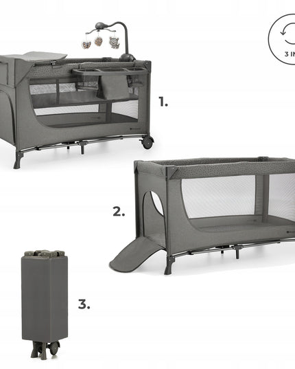 Kelioninė lovelė 3in1, maniežas, dviejų lygių, sulankstomas JOY 2 KINDERKRAFT Pilkas